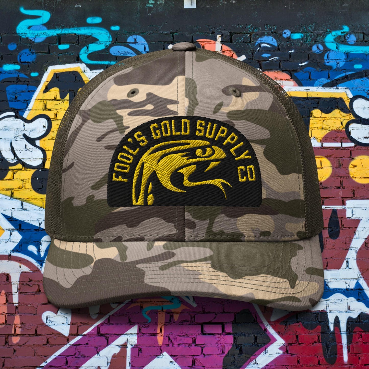 Snake Logo Camouflage Trucker Hat - Gold