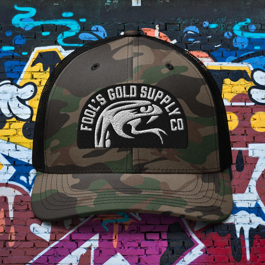 Snake Logo Camouflage Trucker Hat - White