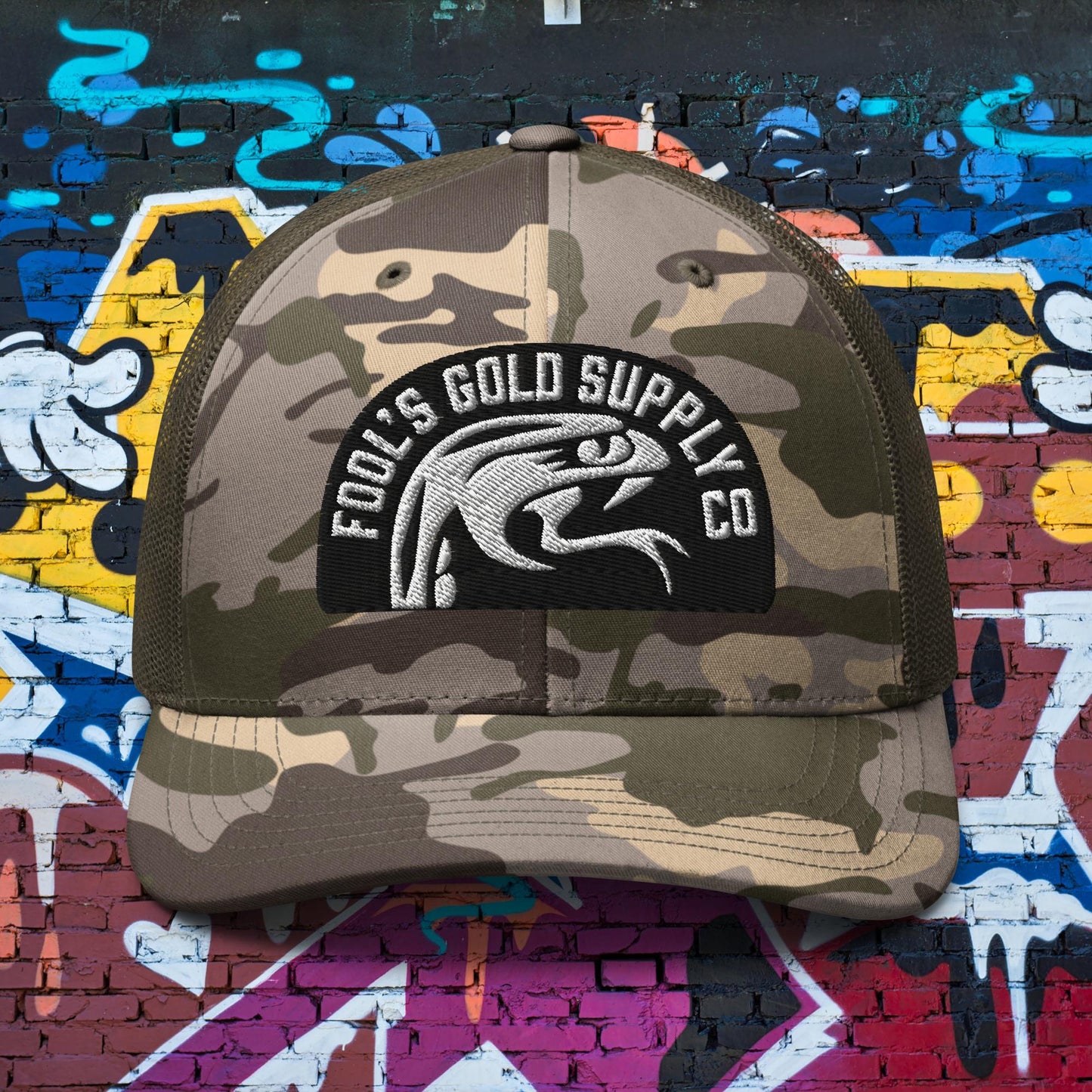 Snake Logo Camouflage Trucker Hat - White